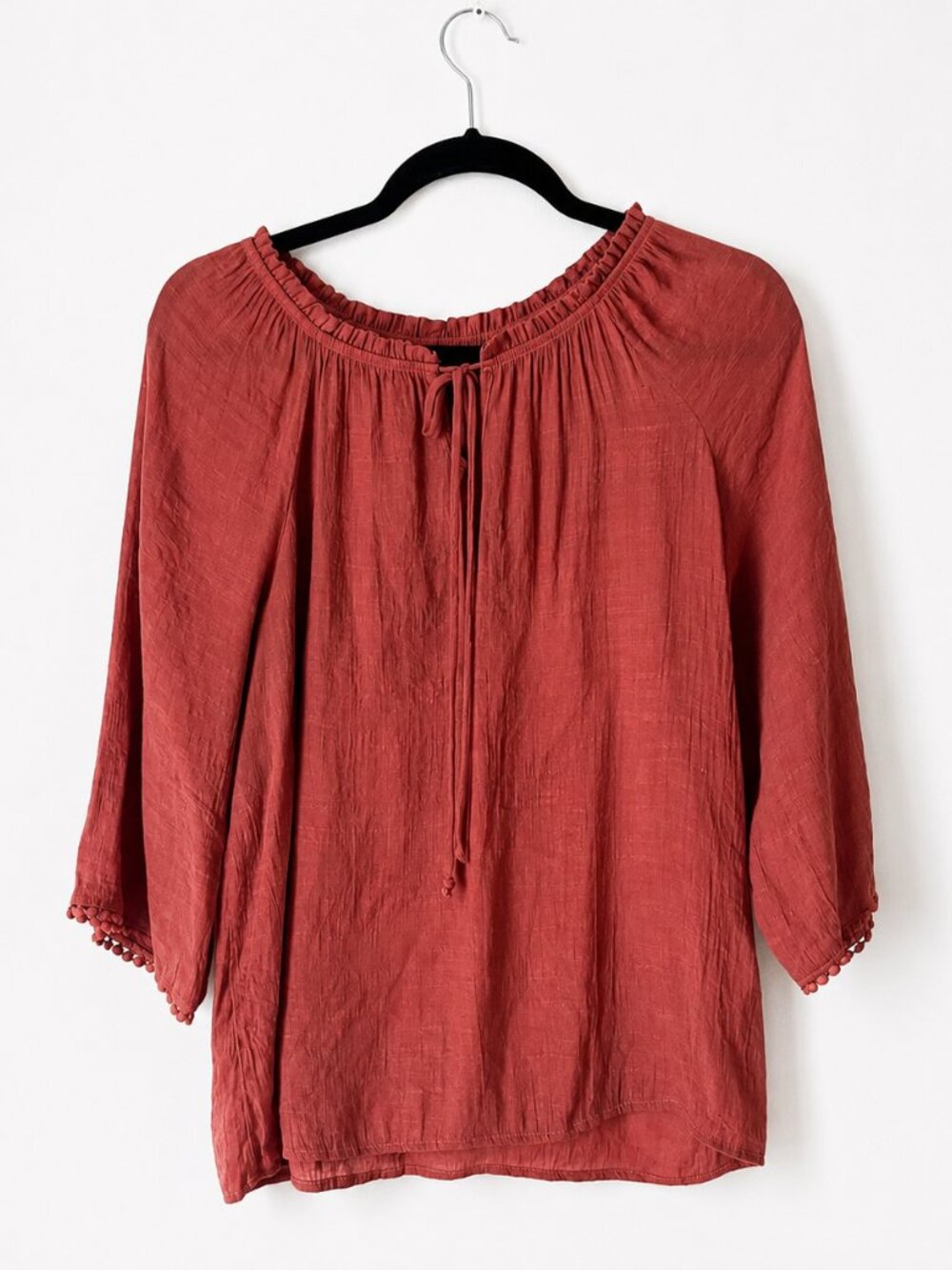 Late August Rust Boho Peasant Blouse Bell Sleeve Tie Neck Cottagecore Top